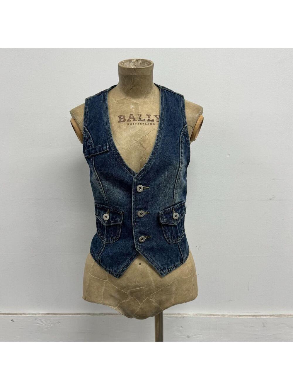 Vintage Y2K Medium-Wash Fitted Denim Waistcoat / Halter-Look Vest